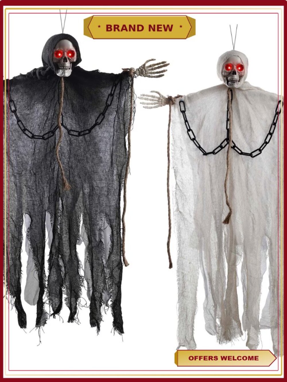 2Pcs Hanging Ghost Skeleton Decorations, Spooky Halloween Yard Outdoor Party
